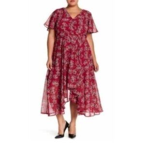 Sharagano Floral Faux Wrap Midi Dress Pink Plus NWT